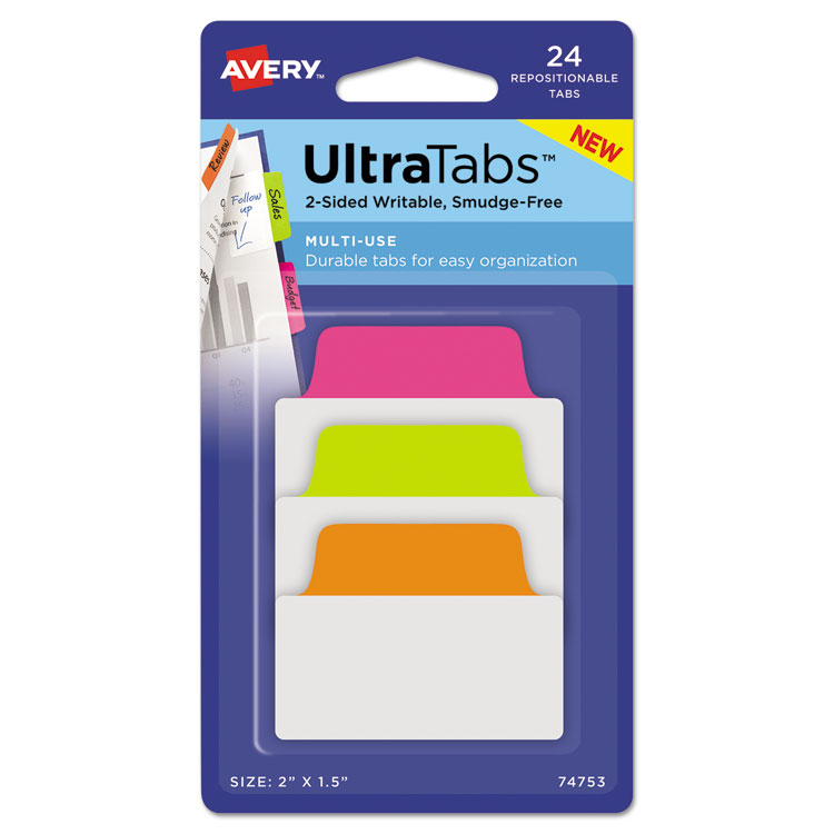 Avery Ultra Tabs Repositionable Tabs, Standard: 2" x 1.5", 1/5-Cut, Assorted Neon Colors, 24/Pack (AVE74753)