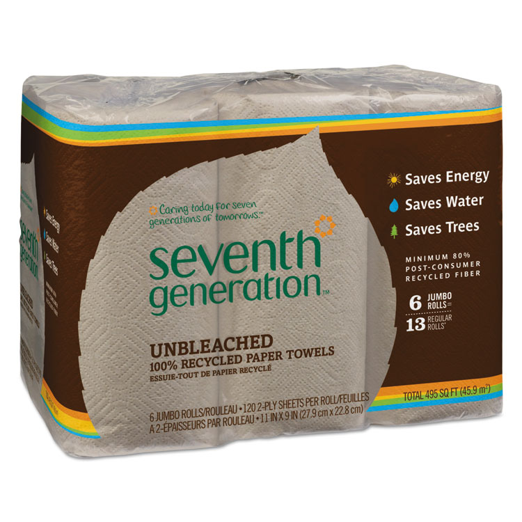 Seventh Generation Natural Unbleached 100% Recycled Paper Kitchen Towel Rolls, 2-Ply, 11 x 9, 120/Roll, 6 Rolls/Pack (SEV13737PK)