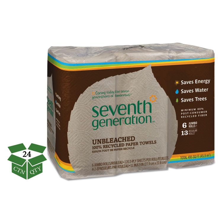 Seventh Generation Natural Unbleached 100% Recycled Paper Kitchen Towel Rolls, 2-Ply, 11 x 9, 120/Roll, 24 Rolls/Carton (SEV13737)