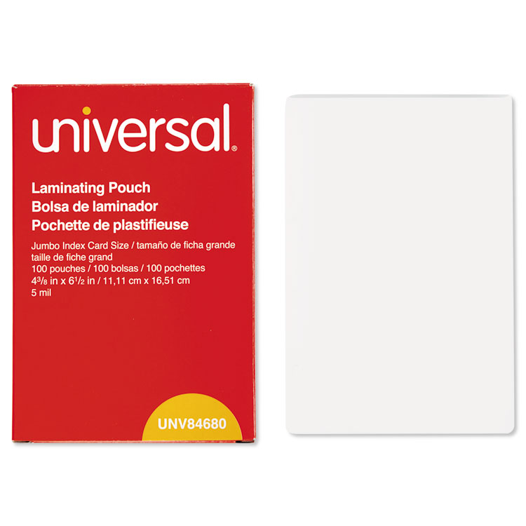 Universal Laminating Pouches, 5 mil, 6.5" x 4.38", Gloss Clear, 100/Box (UNV84680)