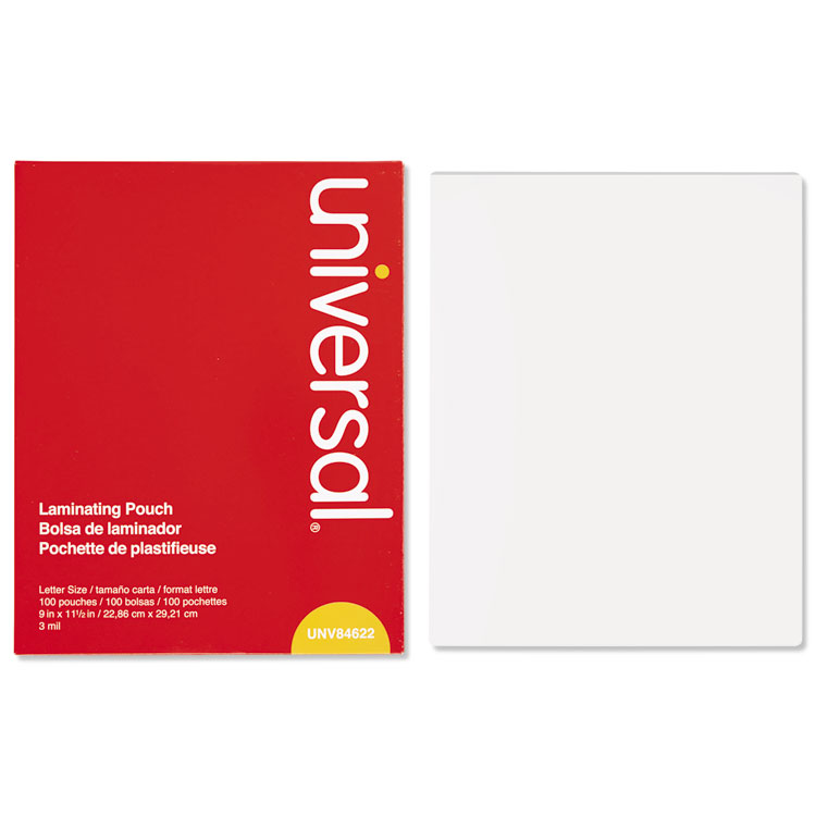 Universal Laminating Pouches, 3 mil, 9" x 11.5", Gloss Clear, 100/Box (UNV84622)