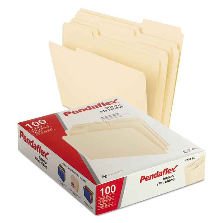 Pendaflex Interior File Folders, 1/3-Cut Tabs: Assorted, Letter Size, Manila, 100/Box (PFX421013)