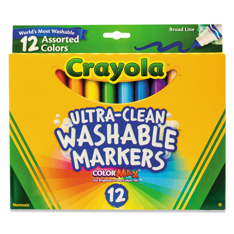 Crayola Ultra-Clean Washable Markers, Broad Bullet Tip, Assorted Colors, Dozen (CYO587812)