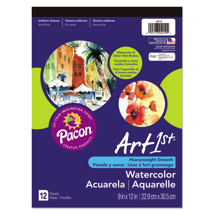 Pacon Artist Watercolor Paper Pad, Unruled, Yellow Cover, 12 White 9 x 12 Sheets (PAC4910)