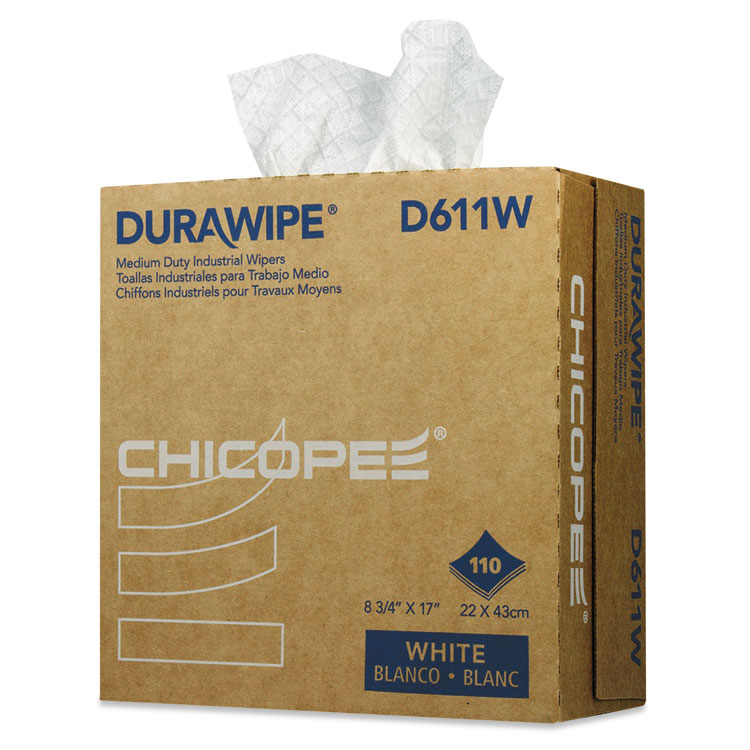 Chicopee Durawipe Medium-Duty Industrial Wipers, 3-Ply, 8.8 x 17, White, 110/Box, 12 Box/Carton (CHID611W)