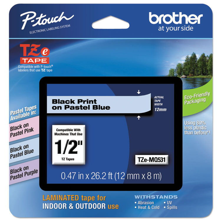 BROTHER INTL. CORP. TZ Standard Adhesive Laminated Labeling Tape, 0.47" x 26.2 ft, Pastel Blue (BRTTZEMQ531)