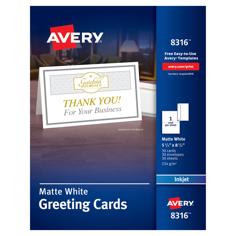 Avery Half-Fold Greeting Cards with Matching Envelopes, Inkjet, 85 lb, 5.5 x 8.5, Matte White, 1 Card/Sheet, 30 Sheets/Box (AVE8316)