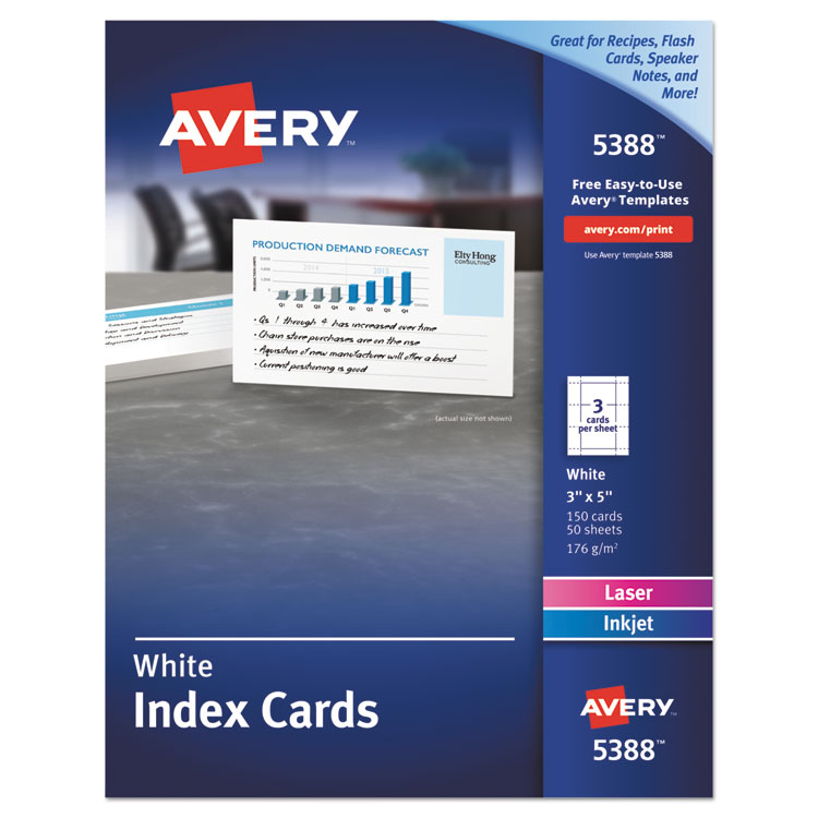 Avery Printable Index Cards with Sure Feed, Unruled, Inkjet/Laser, 3 x 5, White, 150 Cards, 3 Cards/Sheet, 50 Sheets/Box (AVE5388)