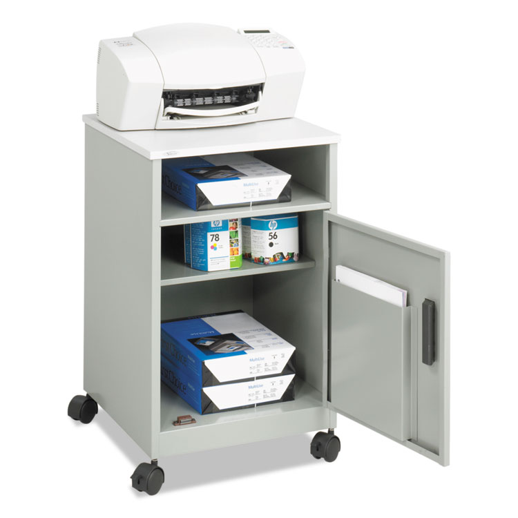 Safco Steel Machine Stand with Open Storage Compartment, Wood, 4 Shelves, 1 Bin, 15.25 x 17.25 x 27.25, Gray (SAF1871GR)