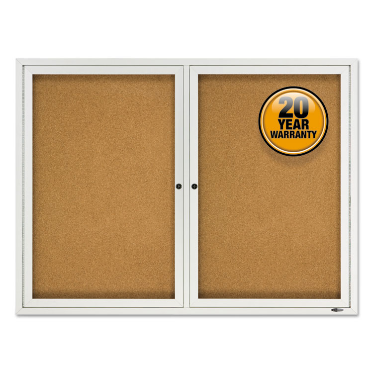 Quartet Enclosed Outdoors Bulletin Board with Two Doors, 48" x 36", Tan Surface, Anodized Aluminum Frame (QRT2124)
