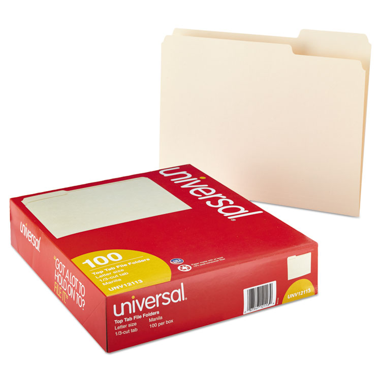 Universal Top Tab File Folders, 1/3-Cut Tabs: Assorted, Letter Size, 0.75" Expansion, Manila, 100/Box (UNV12113)