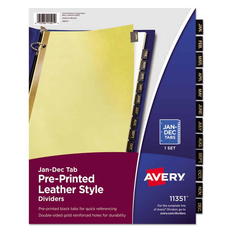 Avery Preprinted Black Leather Tab Dividers w/Gold Reinforced Edge, 12-Tab, Jan. to Dec., 11 x 8.5, Buff, 1 Set (AVE11351)