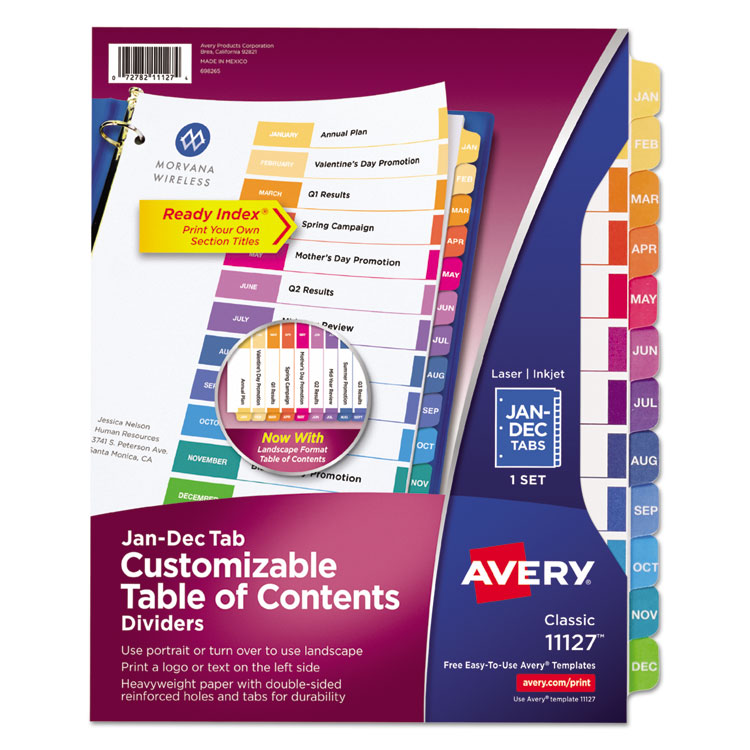Avery Customizable TOC Ready Index Multicolor Tab Dividers, 12-Tab, Jan. to Dec., 11 x 8.5, White, Traditional Color Tabs, 1 Set (AVE11127)