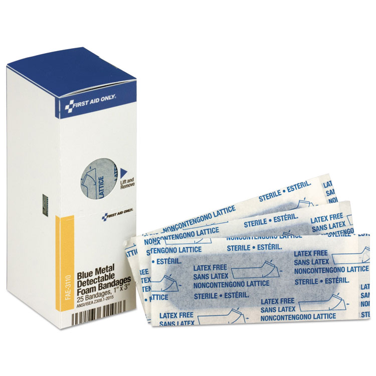 First Aid Only Metal Detectable Adhesive Bandages, Foam, Blue, 1 x 3, 25/Box (FAOFAE3110)