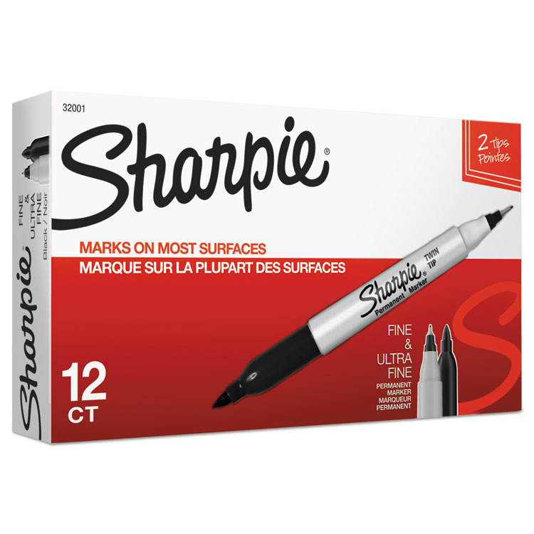 Sharpie Twin-Tip Permanent Marker, Extra-Fine/Fine Bullet Tips, Black, Dozen (SAN32001B)