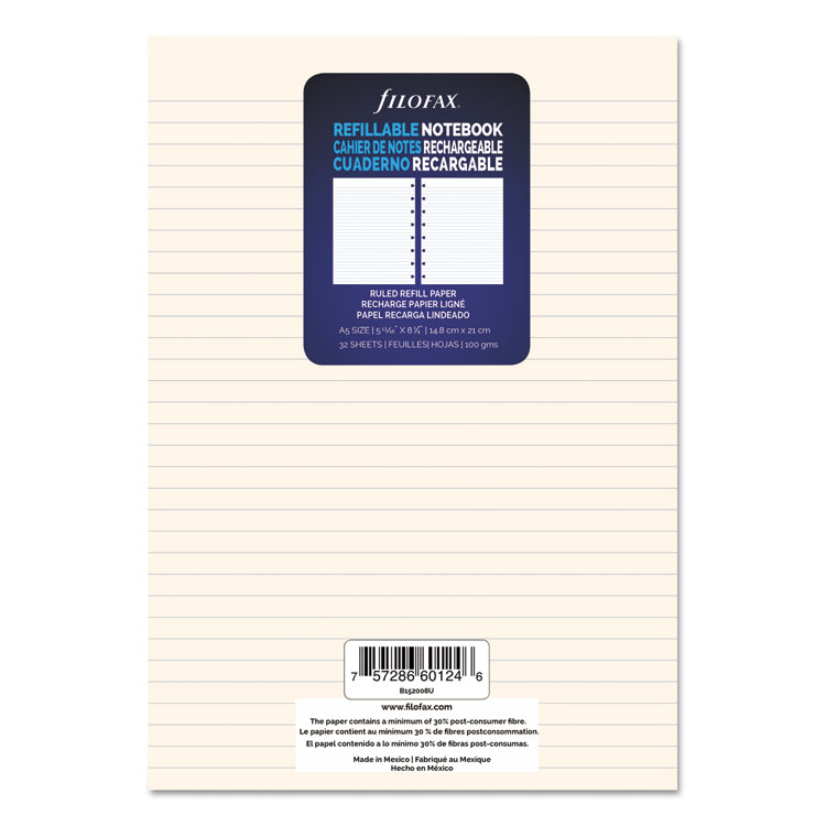 Filofax Notebook Refills, 8-Hole, 8.25 x 5.81, Narrow Rule, 32/Pack (REDB152008U)