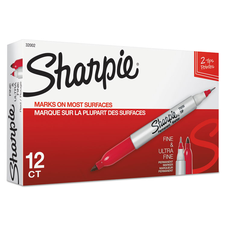 Sharpie Twin-Tip Permanent Marker, Extra-Fine/Fine Bullet Tips, Red, Dozen (SAN32002)