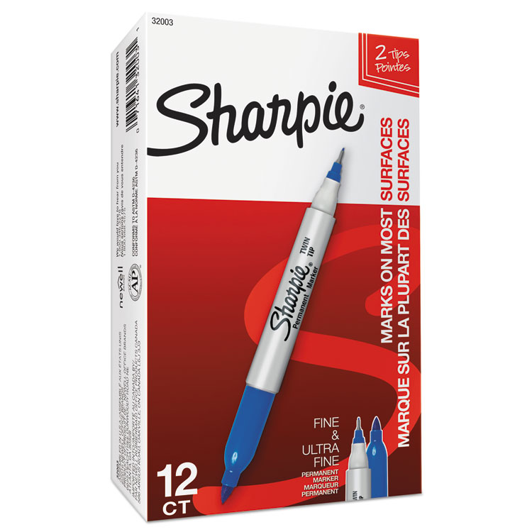 Sharpie Twin-Tip Permanent Marker, Extra-Fine/Fine Bullet Tips, Blue, Dozen (SAN32003)
