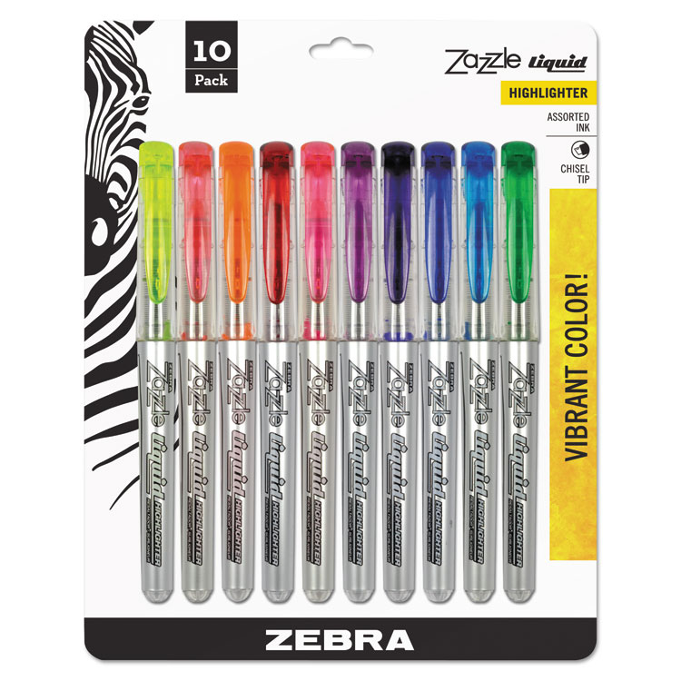 Zebra Zazzle Liquid Ink Highlighter, Assorted Ink Colors, Chisel Tip, Assorted Barrel Colors, 10/Set (ZEB71111)