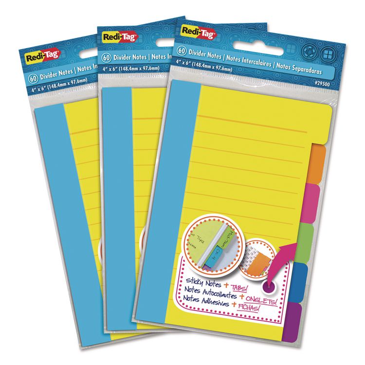 Redi-Tag Divider Sticky Notes, 6-Tab Sets, Note Ruled, 4" x 6", Assorted Colors, 60 Sheets/Set, 3 Sets/Pack (RTG10245)