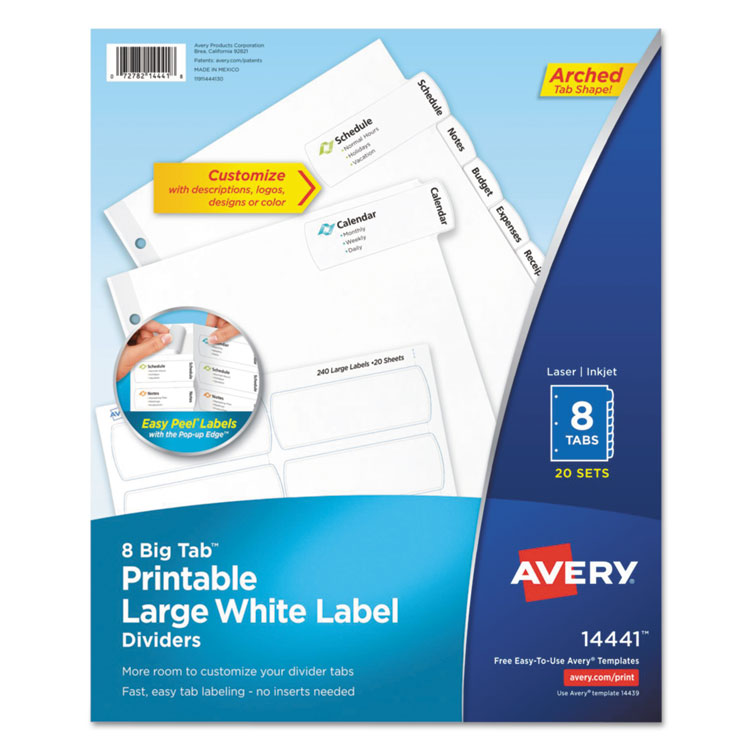 Avery Big Tab Printable Large White Label Tab Dividers, 8-Tab, 11 x 8.5, White, 20 Sets (AVE14441)