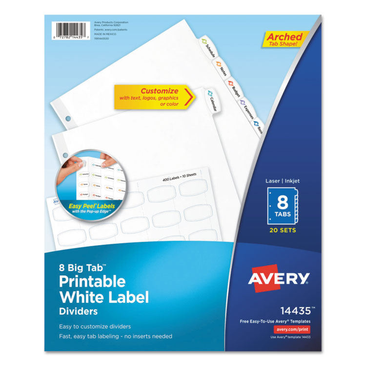Avery Big Tab Printable White Label Tab Dividers, 8-Tab, 11 x 8.5, White, 20 Sets (AVE14435)