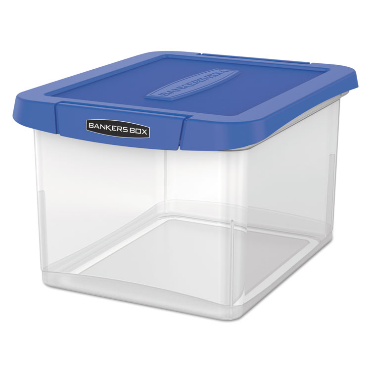 Bankers Box Heavy Duty Plastic File Storage, Letter/Legal Files, 14" x 17.38" x 10.5", Clear/Blue (FEL0086201)