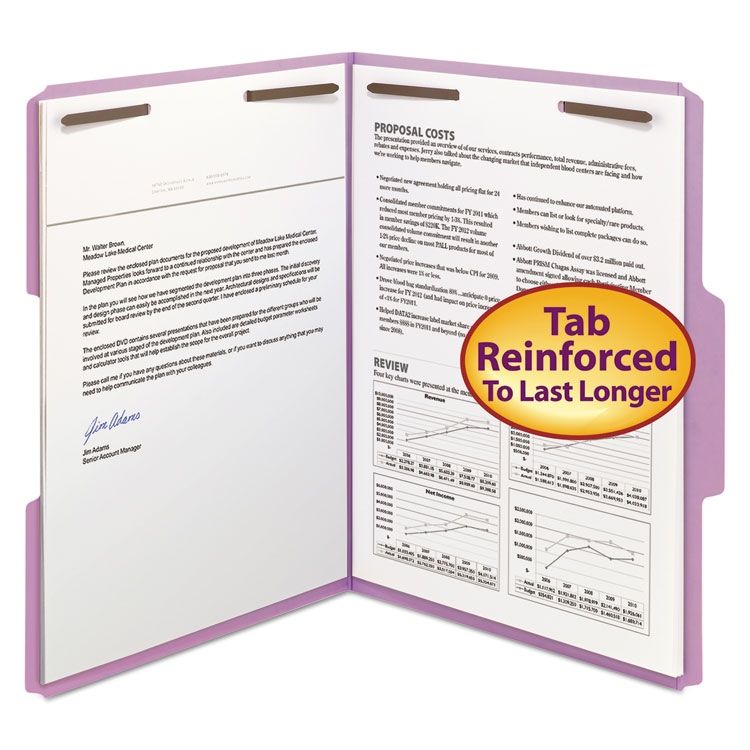 Smead Top Tab Colored Fastener Folders, 0.75" Expansion, 2 Fasteners, Letter Size, Lavender Exterior, 50/Box (SMD12440)