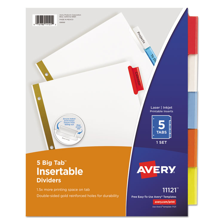 Avery Insertable Big Tab Dividers, 5-Tab, Double-Sided Gold Edge Reinforcing, 11 x 8.5, White, Assorted Tabs, 1 Set (AVE11121)
