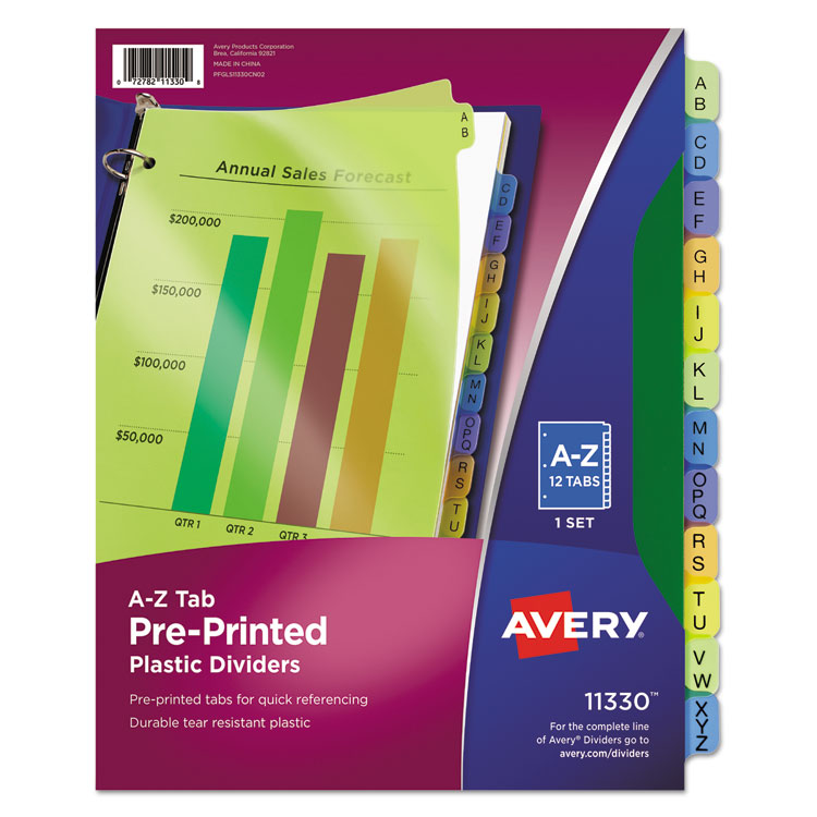 Avery Durable Preprinted Plastic Tab Dividers, 12-Tab, A to Z, 11 x 8.5, Assorted, 1 Set (AVE11330)