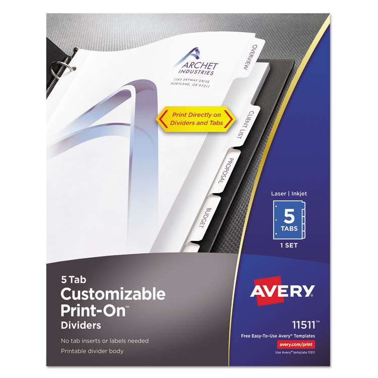 Avery Customizable Print-On Dividers, 3-Hole Punched, 5-Tab, 11 x 8.5, White, 1 Set (AVE11511)