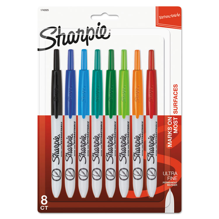 Sharpie Retractable Permanent Marker, Extra-Fine Needle Tip, Assorted Colors, 8/Set (SAN1742025)