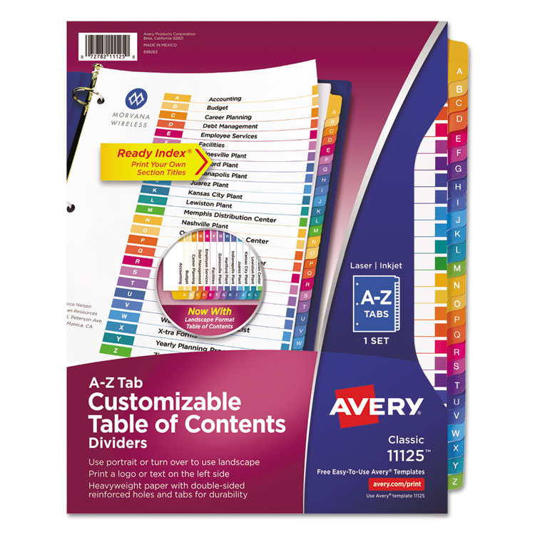 Avery Customizable TOC Ready Index Multicolor Tab Dividers, 26-Tab, A to Z, 11 x 8.5, White, Traditional Color Tabs, 1 Set (AVE11125)