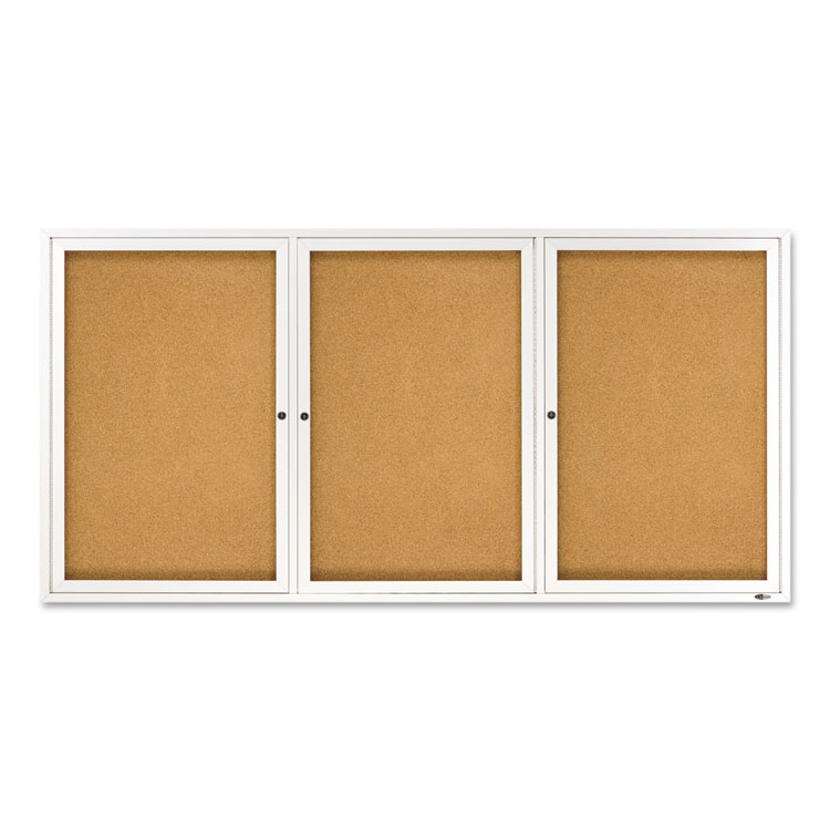 Quartet Enclosed Indoor Cork Bulletin Board with Three Hinged Doors, 72" x 36", Tan Surface, Satin Aluminum Frame (QRT2366)