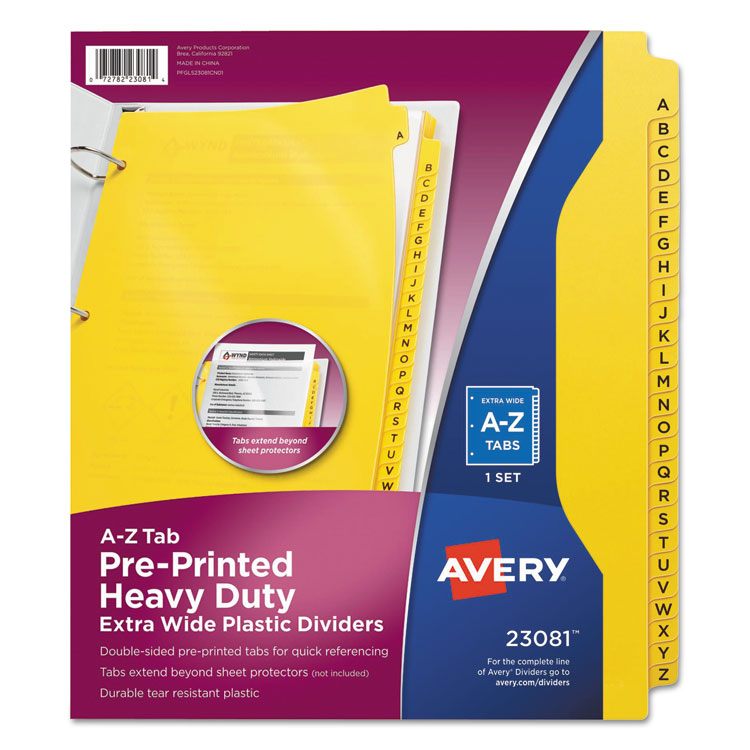 Avery Heavy-Duty Preprinted Plastic Tab Dividers, 26-Tab, A to Z, 11 x 9, Yellow, 1 Set (AVE23081)