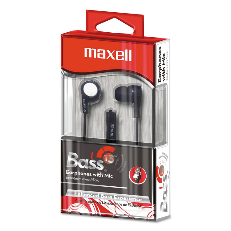 Maxell B-13 Bass Earbuds with Microphone, 52" Cord, Black (MAX199621)