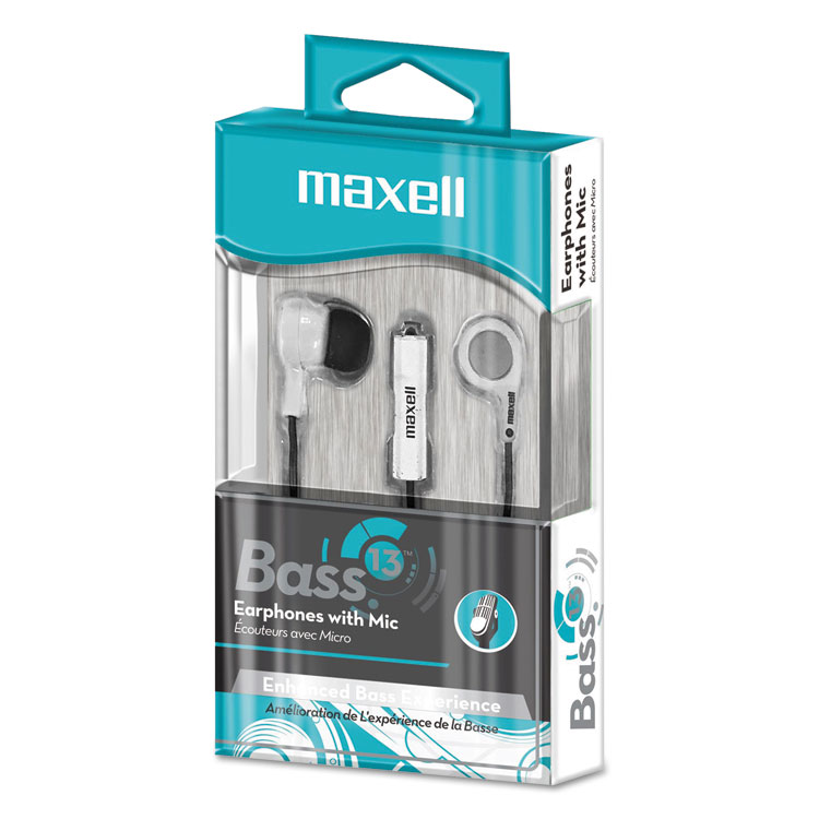 Maxell B-13 Bass Earbuds with Microphone, 52" Cord, White (MAX199725)