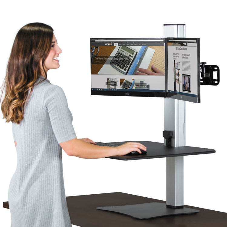 Victor High Rise Electric Dual Monitor Standing Desk Workstation, 28" x 23" x 20.25", Black/Aluminum (VCTDC450)
