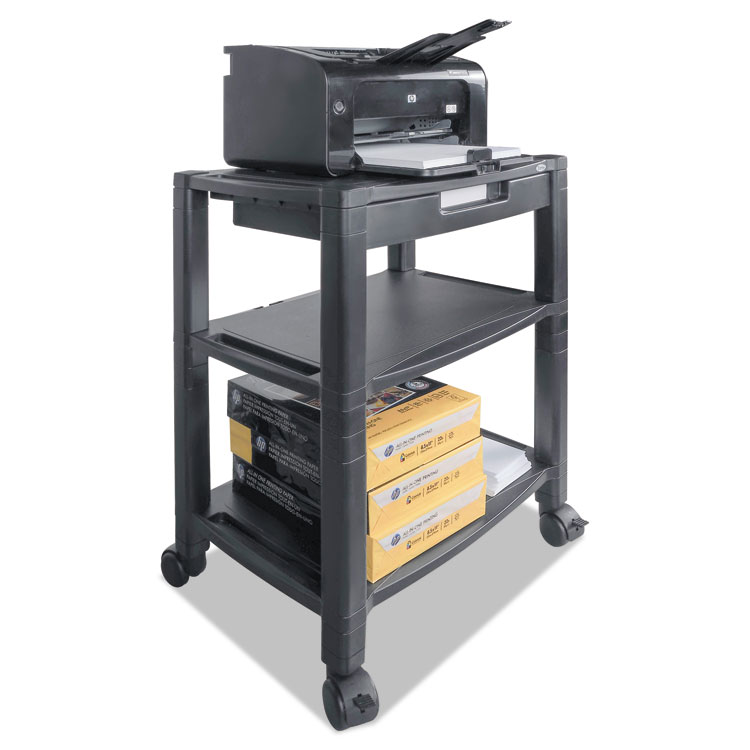 Kantek Height-Adjustable Deskside Printer Cart, Plastic, 3 Shelves, 1 Drawer, 60 lb Capacity, 20" x 13.25" x 24.5", Black (KTKPS640)