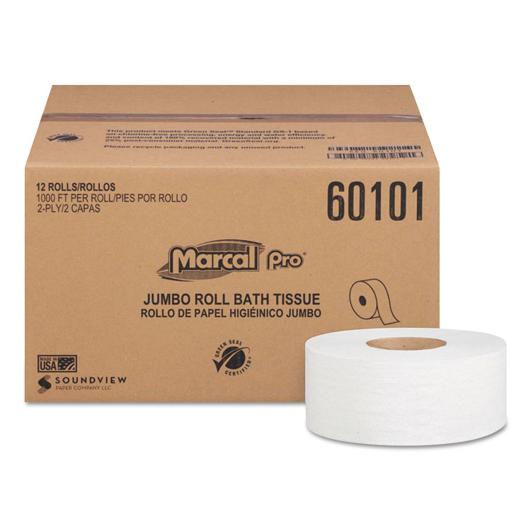 Marcal PRO 100% Recycled Bathroom Tissue, Septic Safe, 2-Ply, 3.3" x 1,000 ft, White, 12 Rolls/Carton (MRC60101)