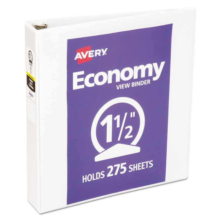 Avery Economy View Binder with Round Rings , 3 Rings, 1.5" Capacity, 11 x 8.5, White, (5726) (AVE05726)