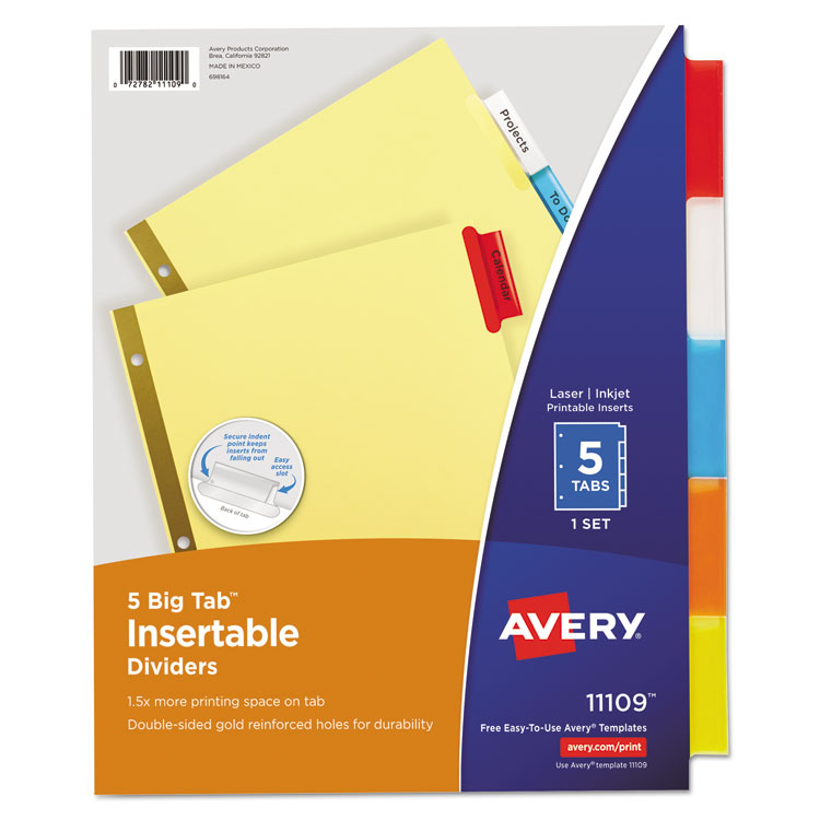 Avery Insertable Big Tab Dividers, 5-Tab, Double-Sided Gold Edge Reinforcing, 11 x 8.5, Buff, Assorted Tabs, 1 Set (AVE11109)