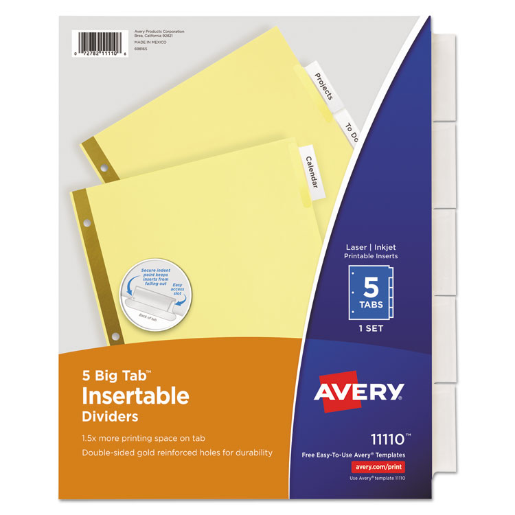 Avery Insertable Big Tab Dividers, 5-Tab, Double-Sided Gold Edge Reinforcing, 11 x 8.5, Buff, Clear Tabs, 1 Set (AVE11110)