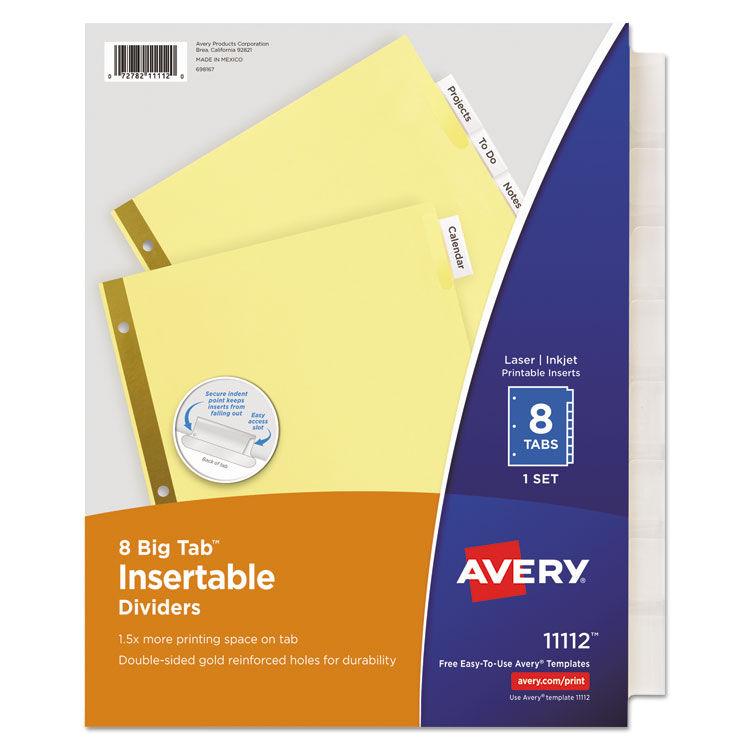 Avery Insertable Big Tab Dividers, 8-Tab, Double-Sided Gold Edge Reinforcing, 11 x 8.5, Buff, Clear Tabs, 1 Set (AVE11112)
