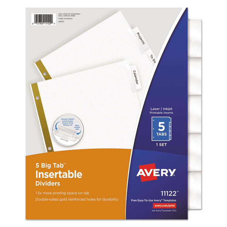 Avery Insertable Big Tab Dividers, 5-Tab, Double-Sided Gold Edge Reinforcing, 11 x 8.5, White, Clear Tabs, 1 Set (AVE11122)