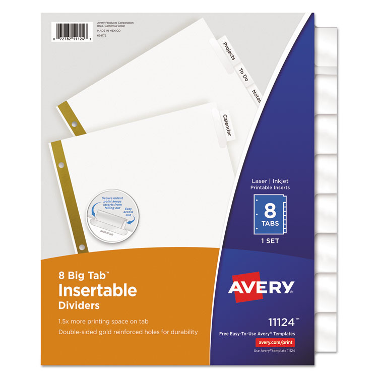 Avery Insertable Big Tab Dividers, 8-Tab, Double-Sided Gold Edge Reinforcing, 11 x 8.5, White, Clear Tabs, 1 Set (AVE11124)
