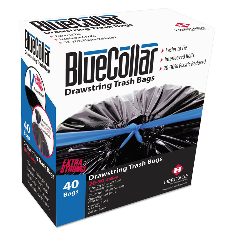 BlueCollar Drawstring Trash Bags, Drawstring, 30 gal, 1 mil, 30" x 34", Black, 40 Bags/Box, 6 Boxes/Carton (HERN6034YKRC1CT)