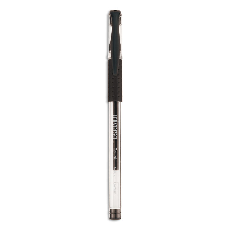 Universal Comfort Grip Gel Pen, Stick, Medium 0.7 mm, Black Ink, Clear/Black Barrel, 60/Pack (UNV39513)