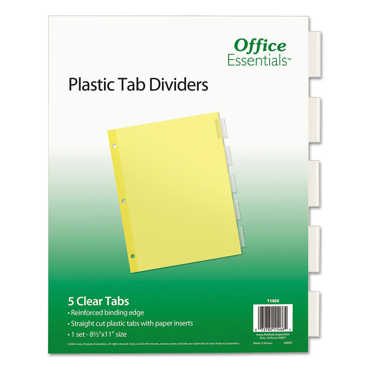 Office Essentials Plastic Insertable Dividers, 5-Tab, 11 x 8.5, Clear Tabs, 1 Set (AVE11466)