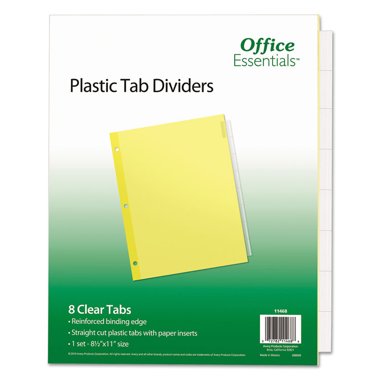Office Essentials Plastic Insertable Dividers, 8-Tab, 11 x 8.5, Clear Tabs, 1 Set (AVE11468)